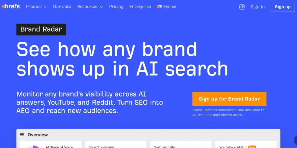 Ahrefs is adding AI visibility features to their comprehensive SEO platform. While the AI tracking capabilities are still developing, the platform's strength is in competitive benchmarking backed by extensive research.
