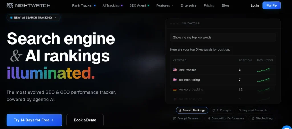 Nightwatch represents the traditional SEO tool category that's adding AI visibility features. If you're already using Nightwatch for rank tracking and SEO monitoring, the AI features extend your existing subscription without requiring a separate tool.