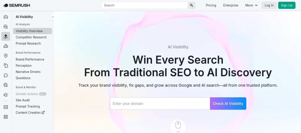 Semrush, the AI Visibility Toolkit is the obvious choice because it integrates directly with the traditional SEO data you're already collecting.