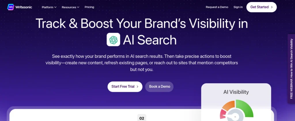 Writesonic started as an AI content writing platform and added visibility tracking as a complementary feature. If you need both content production and basic tracking, this all in one approach might save you from managing multiple subscriptions.