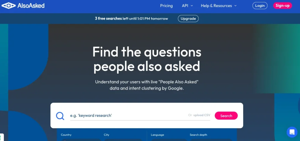 AlsoAsked dashboard displaying visual map of People Also Ask questions showing topic relationships and content gap opportunities for SEO and AI search