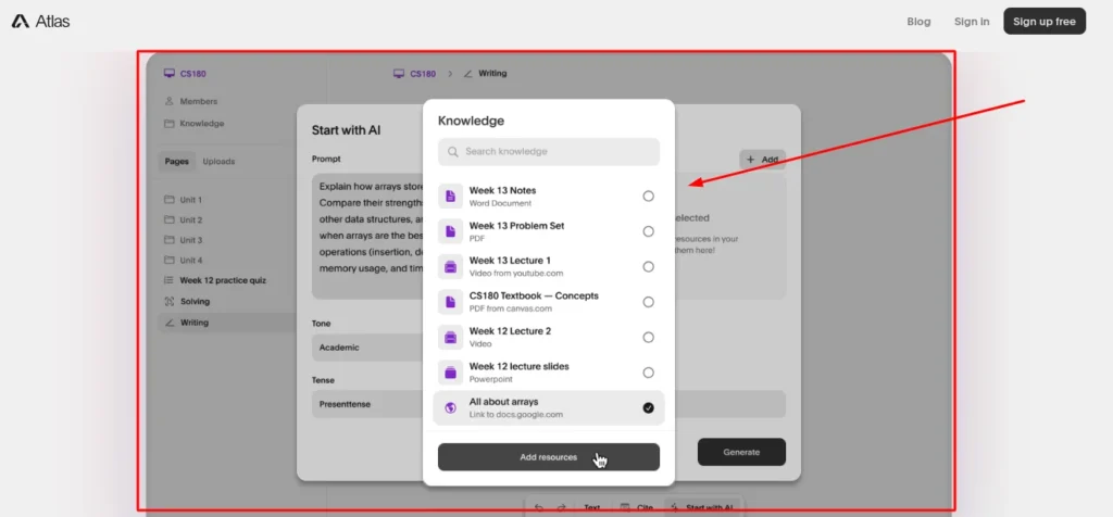 Atlas.org interface showing YouTube lecture link being converted into structured study notes and multiple choice practice questions
