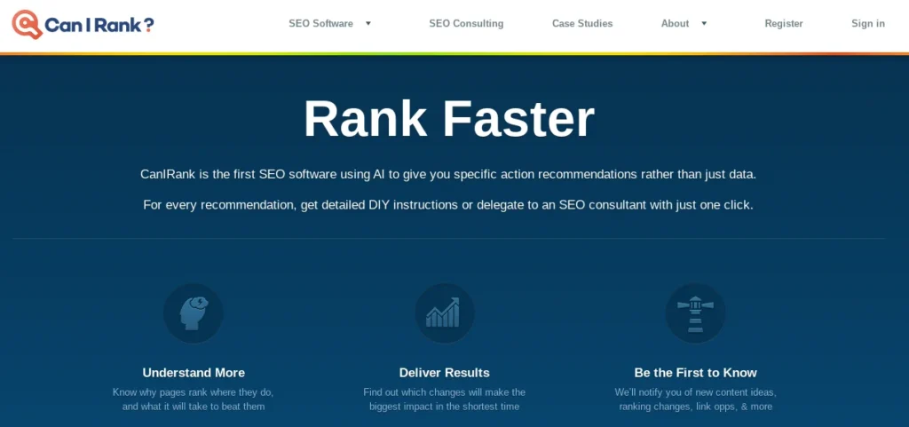 CanIRank AI SEO dashboard displaying audit results, competitor analysis, and actionable recommendations for improving content, links, and technical SEO
