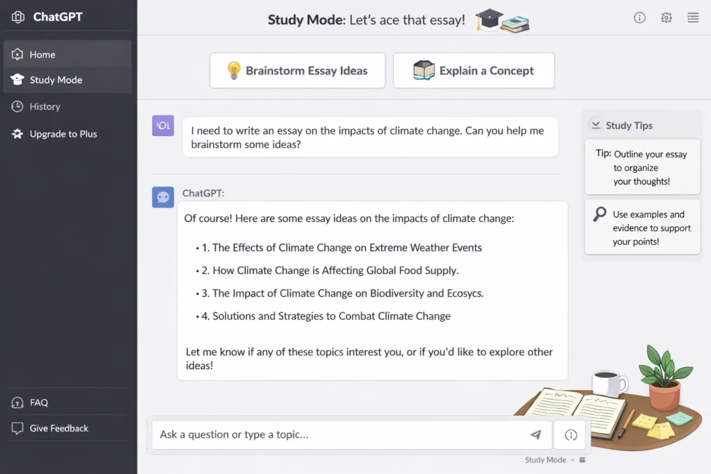 ChatGPT interface showing study mode feature for college students to brainstorm essay ideas and explain concepts