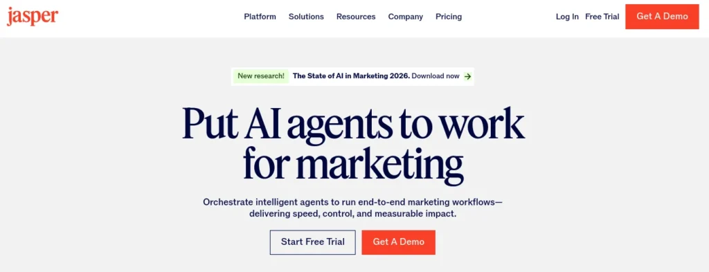 Jasper AI dashboard showing content generation tools, SEO optimization guidance, and brand voice settings for consistent content creation