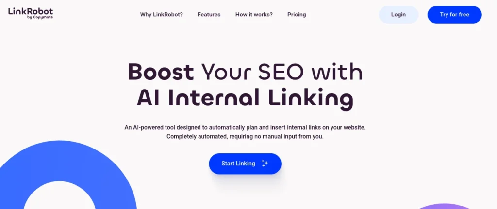 Link Robot WordPress dashboard displaying automated internal linking suggestions with recommended pages and anchor text for SEO optimization