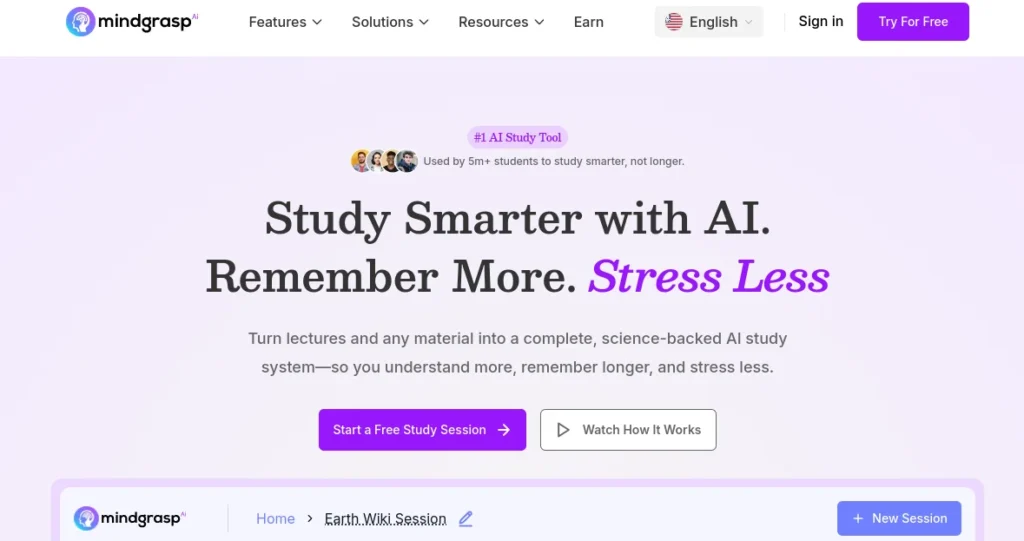 Mindgrasp interface showing answer with clickable source citation linking back to original uploaded study material