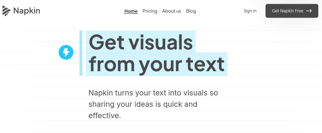 Napkin.ai dashboard displaying automatic generation of flowcharts, pie charts, mind maps, and diagrams from text for improved engagement and SEO
