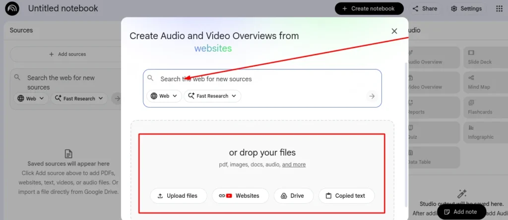 NotebookLM interface showing PDF upload, quiz generation, and audio overview podcast feature for college student studying