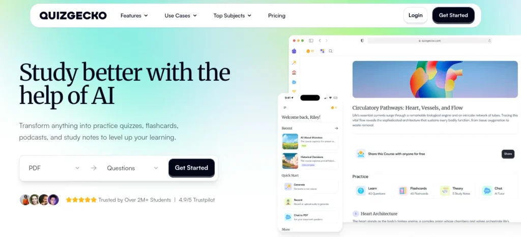 Quiz Gecko interface showing uploaded college study notes being automatically converted into practice quiz questions for exam preparation