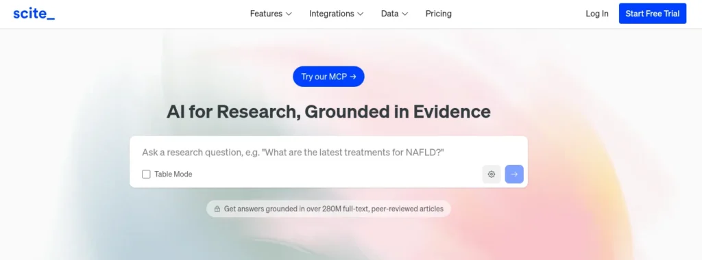Scite.ai interface showing smart citations labeling a research paper as supporting or contrasting evidence for a college student thesis
