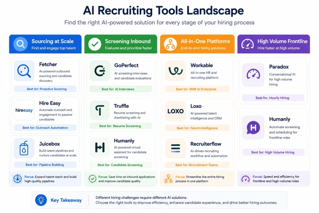 Matrix showing 10 AI recruiting tools categorized by use case: sourcing at scale, screening inbound applicants, all-in-one platforms, and high volume frontline hiring