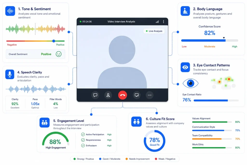 Infographic showing metrics that AI assessment tools measure in video interviews including tone, body language, eye contact, speech clarity, engagement, and culture fit scores