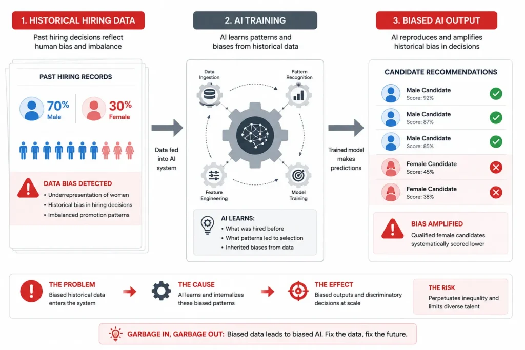 Illustration showing cause-and-effect: historical hiring bias in training data leads to AI systems that replicate and amplify that same bias in candidate evaluation