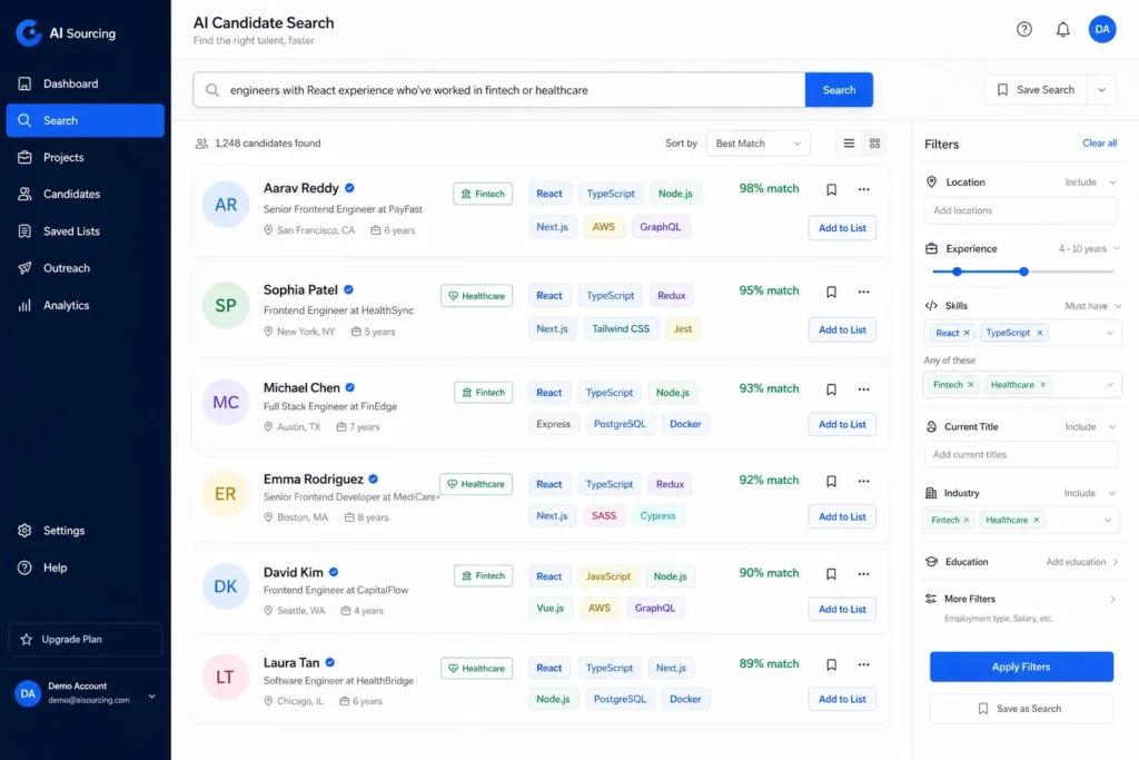 Screenshot of AI-powered candidate sourcing tool showing natural language search interface with filtered candidate results and skills highlighted by relevance