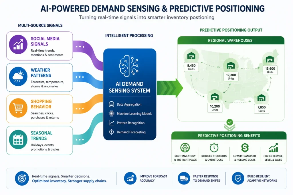 Infographic showing demand sensing system combining social media signals, weather patterns, shopping behavior, and seasonal trends to predict customer demand and optimize warehouse inventory positioning across regions