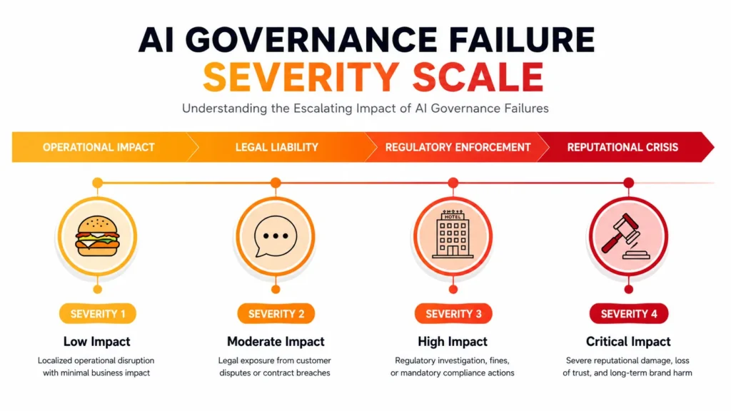 Horizontal risk spectrum diagram showing four escalating levels of AI governance failures from operational impact to reputational crisis, with McDonald's, Air Canada, Trivago, and insurance company examples
