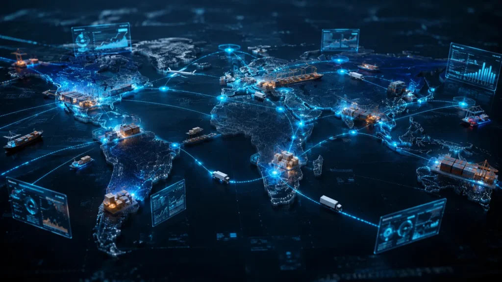 Aerial illustration of a global AI logistics automation network showing interconnected warehouses and shipping routes with real-time data overlays in 2026