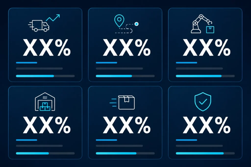Infographic showing AI logistics automation ROI statistics for 2026 including 77 percent return on investment, 30 percent delivery improvement, and 73 percent warehouse efficiency gain
