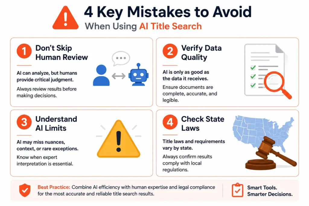 Warning infographic showing four common mistakes in AI title search:
skipping human review, ignoring data quality, exceeding AI limits,
and overlooking state law variations