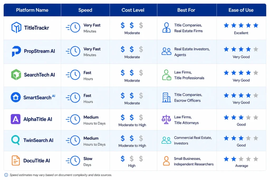 Comparison table of 7 AI title search platforms showing processing
speed, pricing, target users, and ease of use ratings