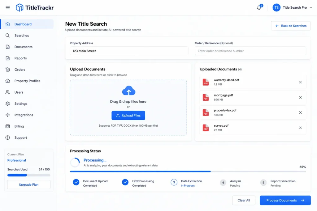 Screenshot of AI title search platform showing document upload
interface with drag-and-drop area and processing status