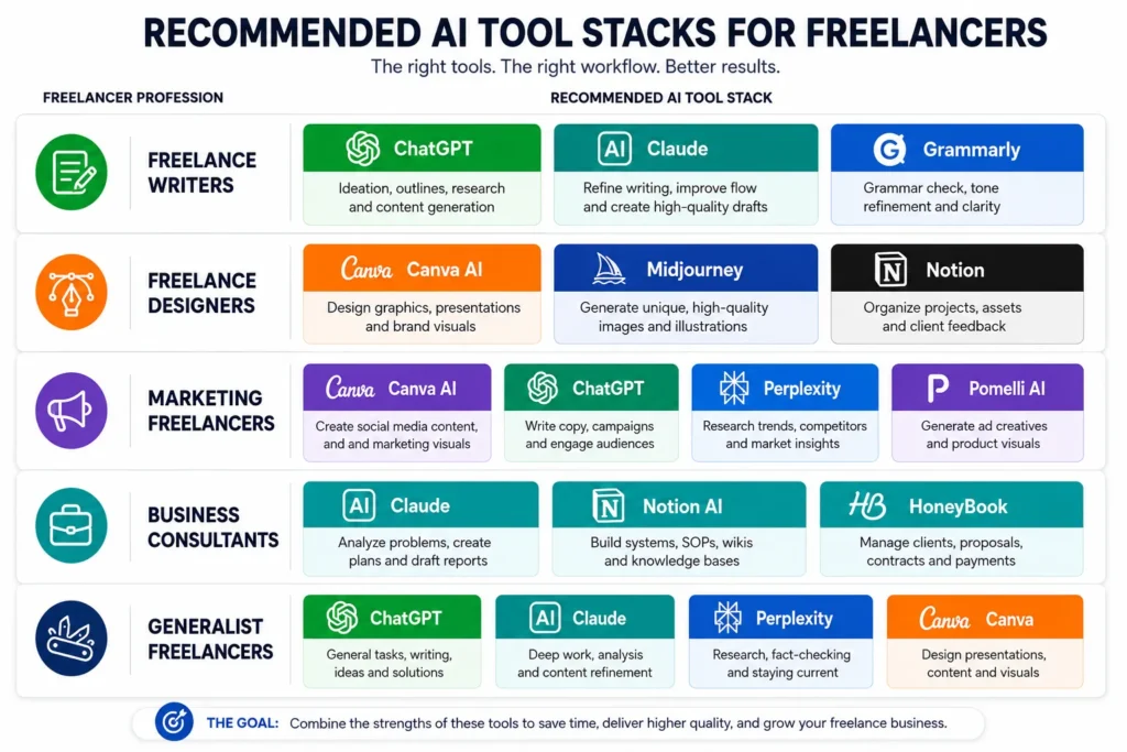 Comparison table showing recommended AI tool stacks customized for five freelance professions: writers use ChatGPT/Claude/Grammarly, designers use Canva/Midjourney/Notion, marketers use Canva/ChatGPT/Perplexity/Pomelli, consultants use Claude/Notion/HoneyBook, and generalists use ChatGPT/Claude/Perplexity/Canva