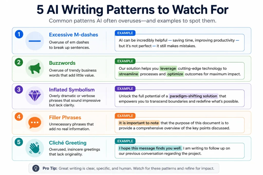 Infographic showing 5 common AI writing patterns with examples including excessive dashes, buzzwords, inflated symbolism, filler phrases, and cliché greetings