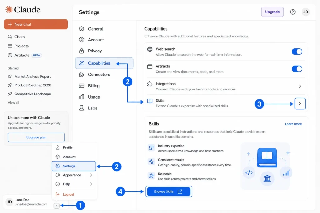 Screenshot showing the path through Claude Settings menu to access Browse Skills: Settings > Capabilities > Skills > Browse Skills