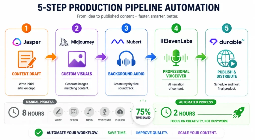 Content production automation pipeline showing five connected tools: Jasper AI creates written content, Midjourney generates custom visuals, Mubert creates background audio, ElevenLabs produces AI voiceover, and Durable AI publishes the final product, reducing production time from eight hours to two hours