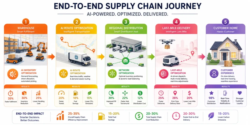 Infographic showing complete package journey from warehouse through AI-optimized transportation, regional distribution network, last-mile delivery options including drones and autonomous vehicles, to final customer delivery with optimization metrics at each stage