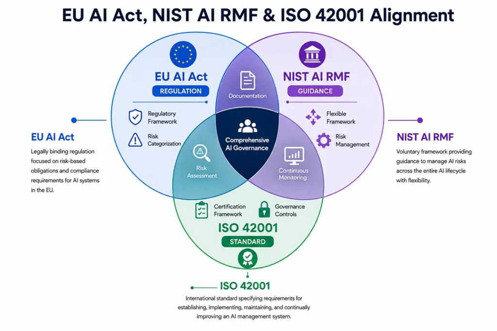 Venn diagram showing how EU AI Act, NIST AI Risk Management Framework, and ISO 42001 overlap and align on documentation, risk assessment, and continuous monitoring requirements