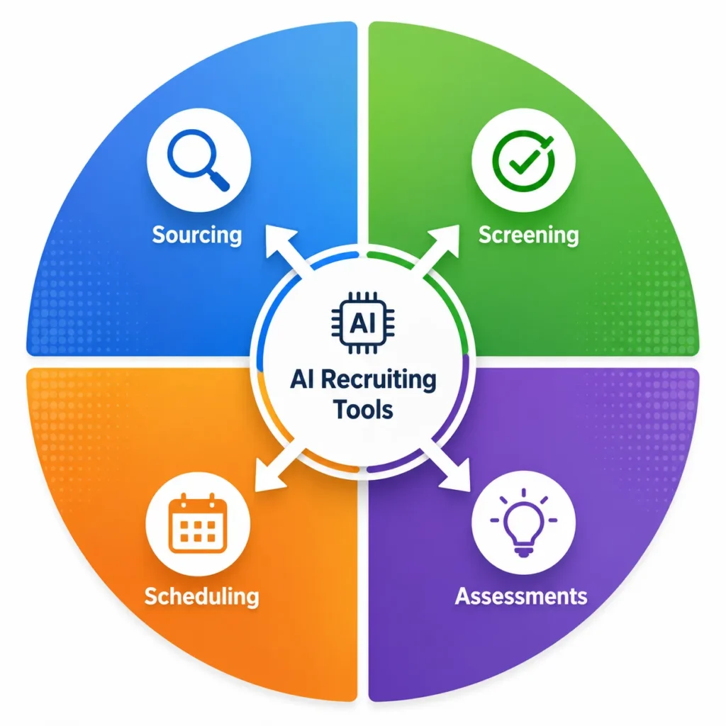 Diagram showing the Four Buckets framework for AI recruiting tools: Sourcing, Screening, Scheduling, and Assessments categories with icons and color coding