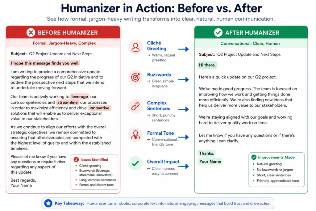Before and after comparison showing how the Humanizer skill transforms formal AI-generated text into conversational human-sounding writing
