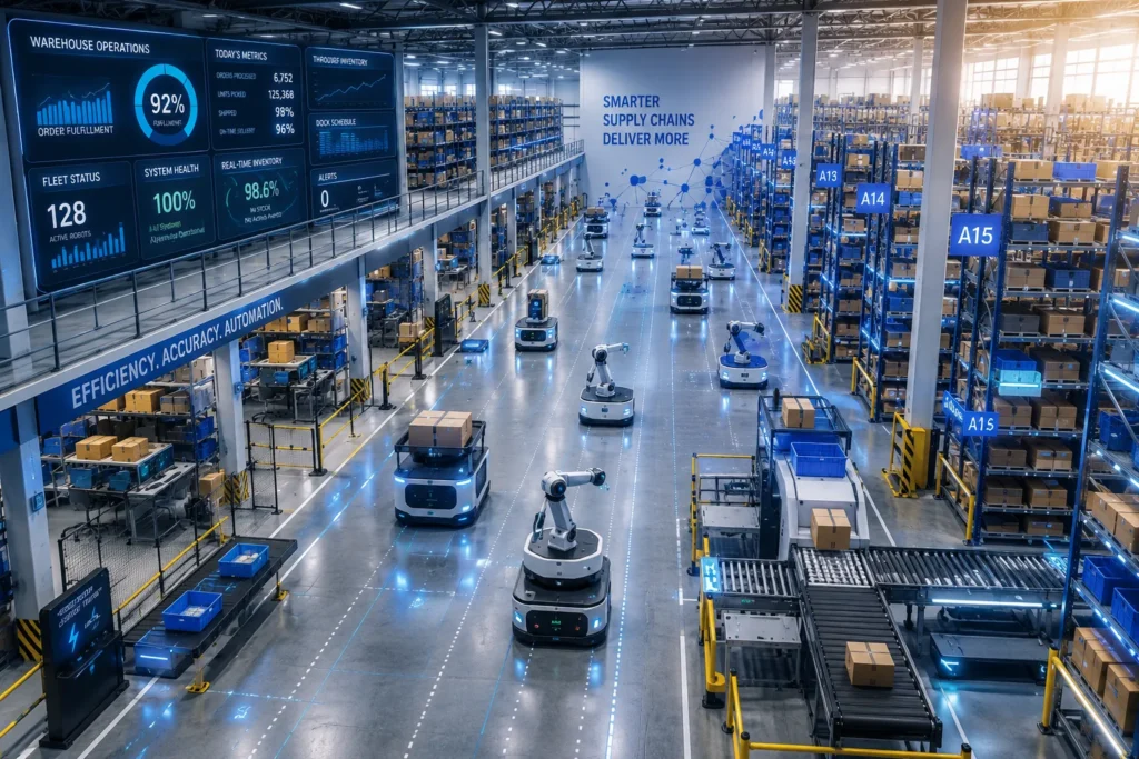 Bird's-eye view of modern smart warehouse showing multiple autonomous mobile robots navigating between tall shelving units, picking items, and transporting packages with real-time digital displays showing warehouse metrics
