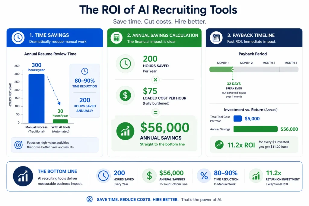 Infographic showing recruiting tool ROI: 200 hours annual time savings equals $56,000 financial benefit, with payback achieved in 32 days on a $5,000 annual investment