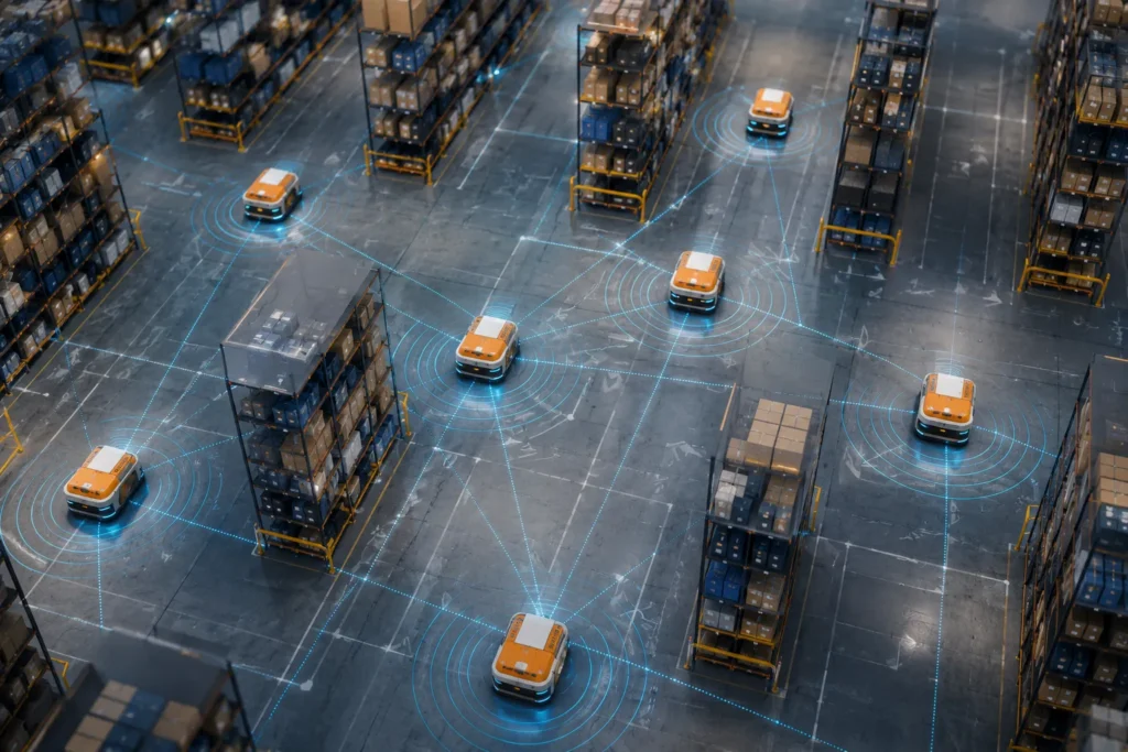 Bird's-eye illustration of a smart warehouse with multiple autonomous mobile robots navigating aisles using LiDAR navigation and sharing swarm intelligence data
