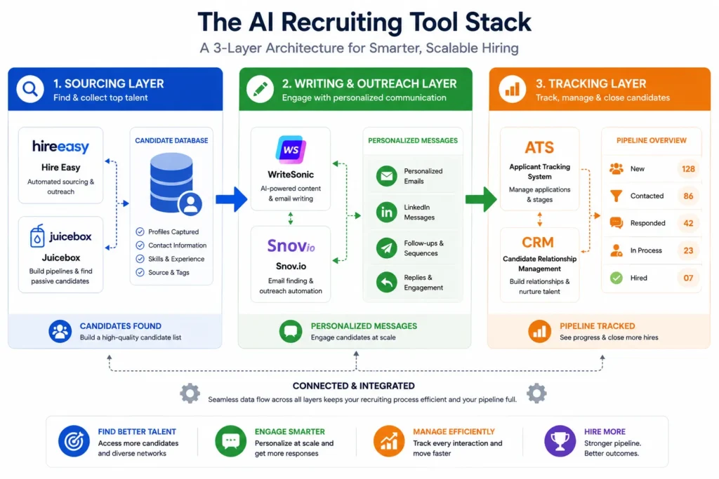 Diagram showing three-layer recruiting tool stack architecture: sourcing layer (finding candidates), writing and outreach layer (communication), and tracking layer (pipeline management), with data flow between layers