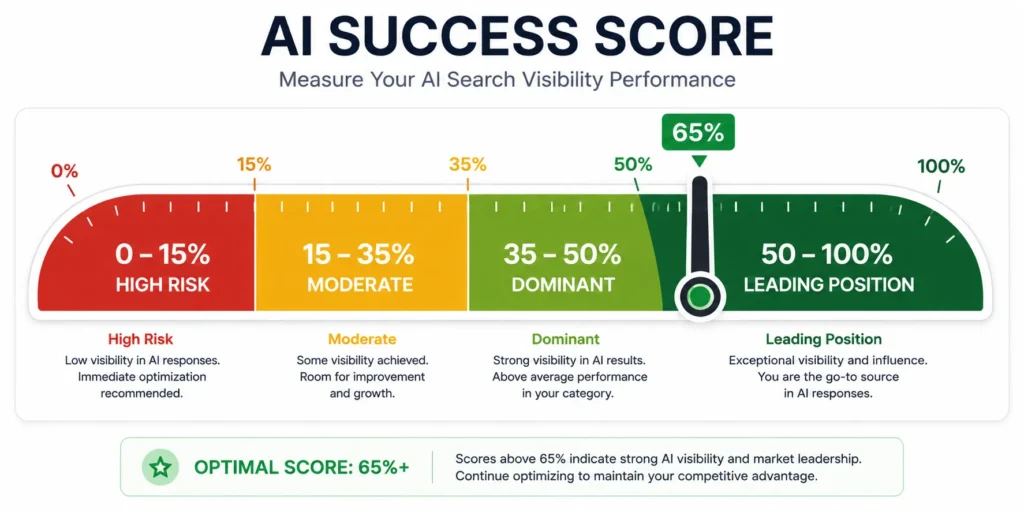 Scoring gauge showing AI Success Score benchmarks: below 15 percent is high risk, 15 to 35 percent is moderate visibility, above 35 percent indicates dominance in AI search citations