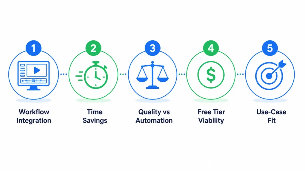Infographic showing five tests for AI video editing software including workflow integration, time savings, quality versus automation, free tier viability and platform use-case fit