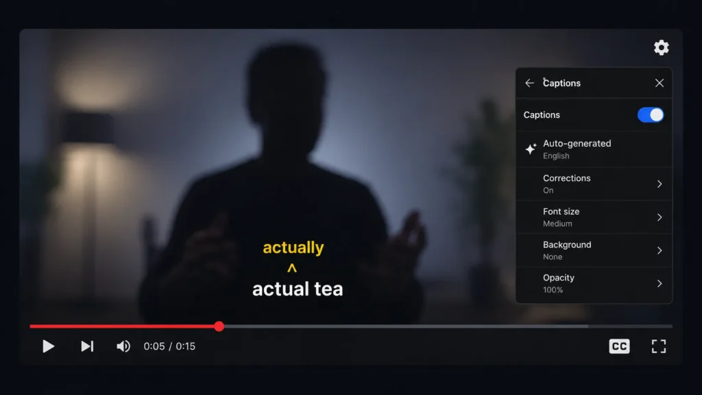 Mockup of video player with auto-generated captions showing a misheard word highlighted in yellow for manual correction (best ai video editing software 2026)