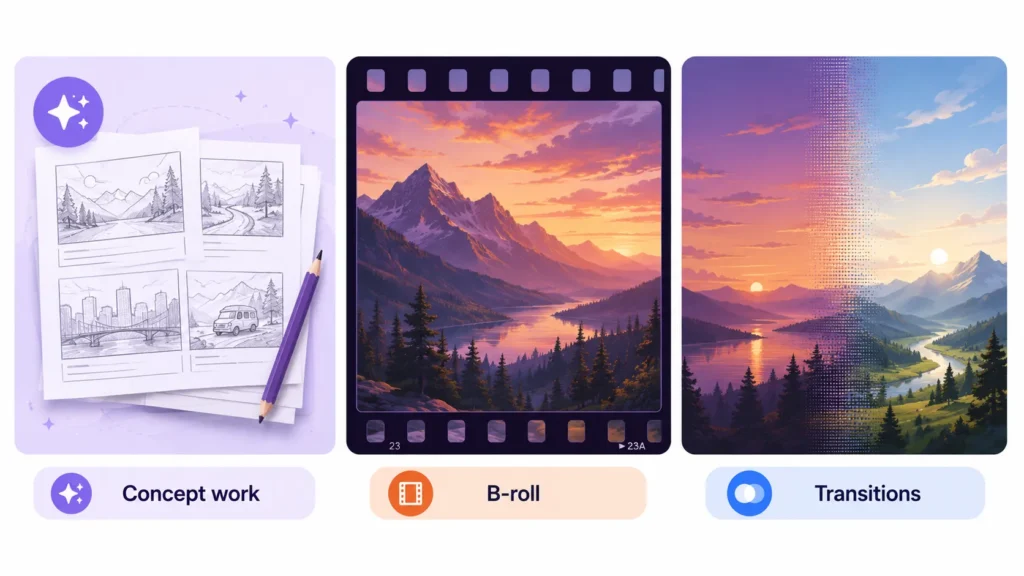 Three panel illustration showing generative AI video applications for concept work storyboarding, B-roll generation and morphing transitions