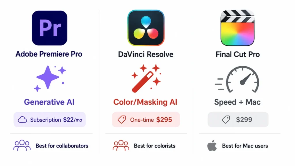 Comparison chart showing Adobe Premiere Pro with generative AI and subscription, DaVinci Resolve with color and masking AI and one-time purchase, Final Cut Pro with speed optimization and Mac-only