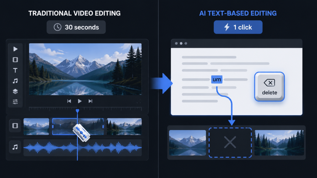 Split screen comparison showing traditional timeline editing taking 30 seconds versus text-based editing taking one click to delete a word from transcript (best ai video editing software 2026)