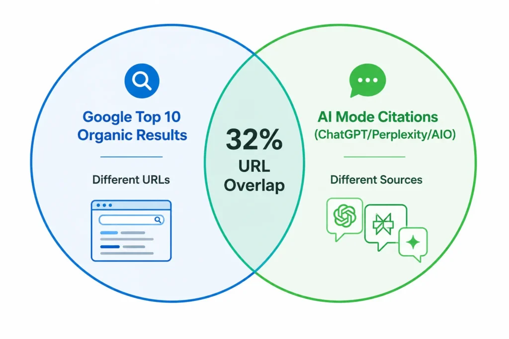Venn diagram showing only 32 percent URL overlap between Google top 10 organic results and AI mode citations across major AI platforms