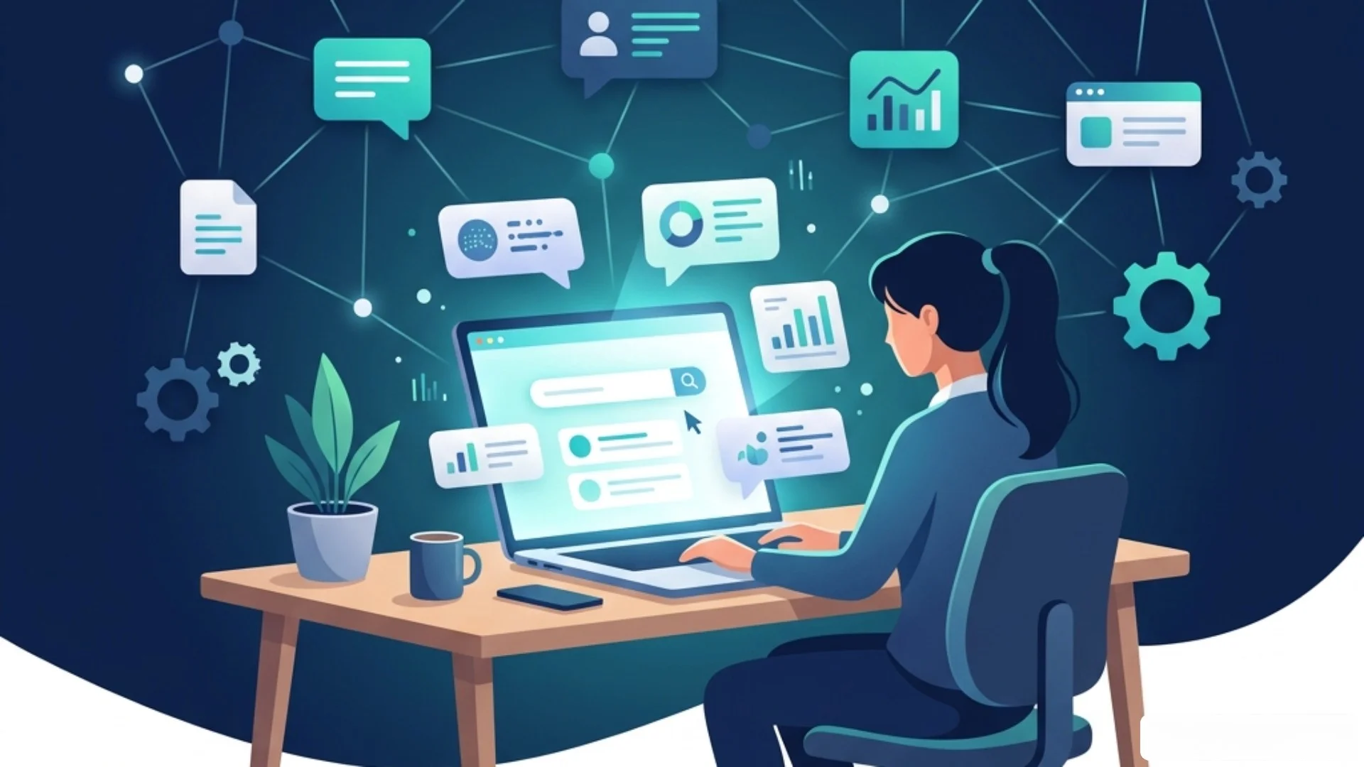 A clean digital illustration showing a glowing laptop displaying AI search optimization dashboards with citation tracking graphs and content score meters. Floating icons representing ChatGPT, Perplexity, and Google Gemini connect through glowing network lines on a deep navy blue and teal background. The image represents the concept of optimizing content for AI search engines in 2026. Professional flat design style with no text overlays or brand logos.