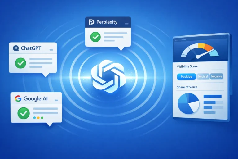 Dashboard showing brand visibility scores across AI search platforms including ChatGPT, Perplexity, and Google AI, with metrics for share of voice, sentiment, and citation sources