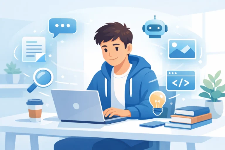 A college student using the best college AI tools on a laptop to study smarter and improve academic performance