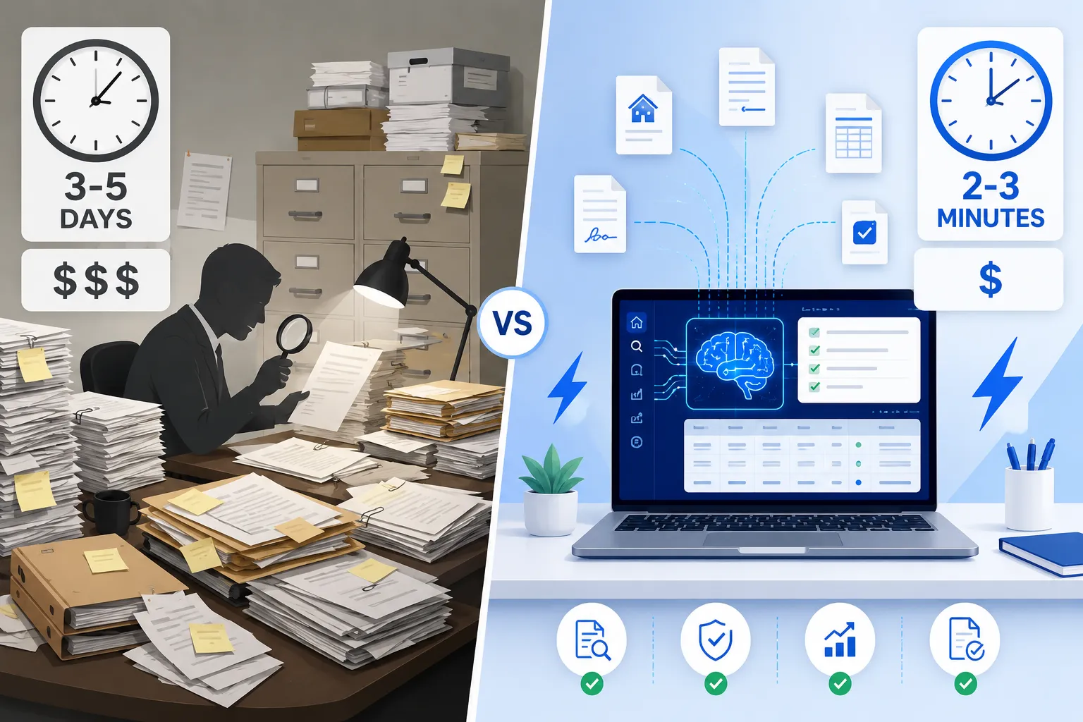 Split screen illustration comparing traditional manual real estate title search taking 3-5 days with AI-powered automated title search completing in 2-3 minutes