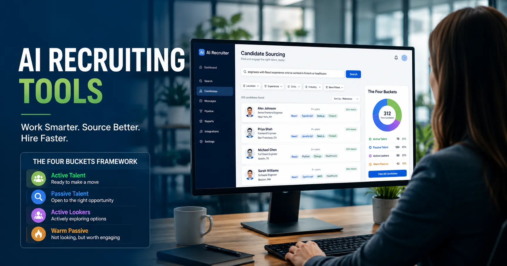 Professional recruiter reviewing AI recruiting tools dashboard showing Four Buckets framework for candidate sourcing and screening on computer monitor in modern office
